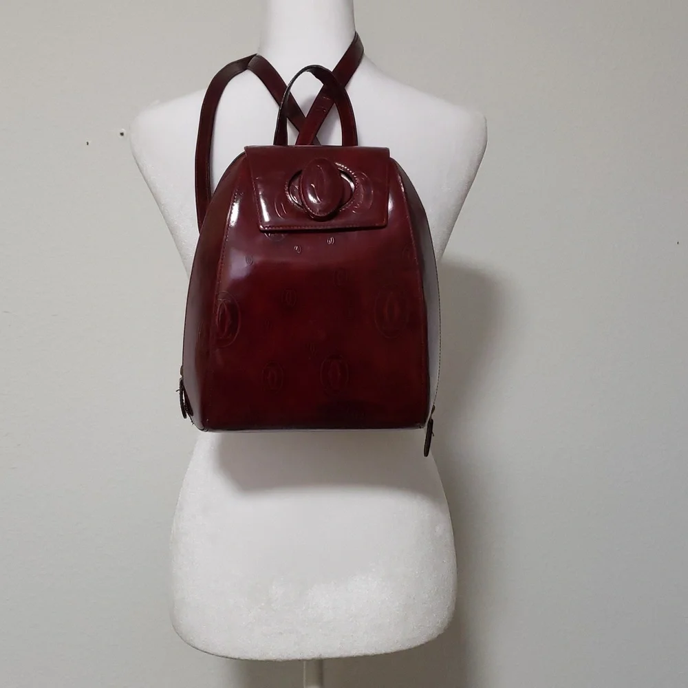 Vintage Cartier Happy Birthday Patent Leather Backpack Unisex Bordeaux Red